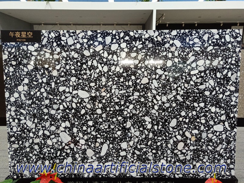 Large White Cobble Aggregate Black Artificial Marble Slabs